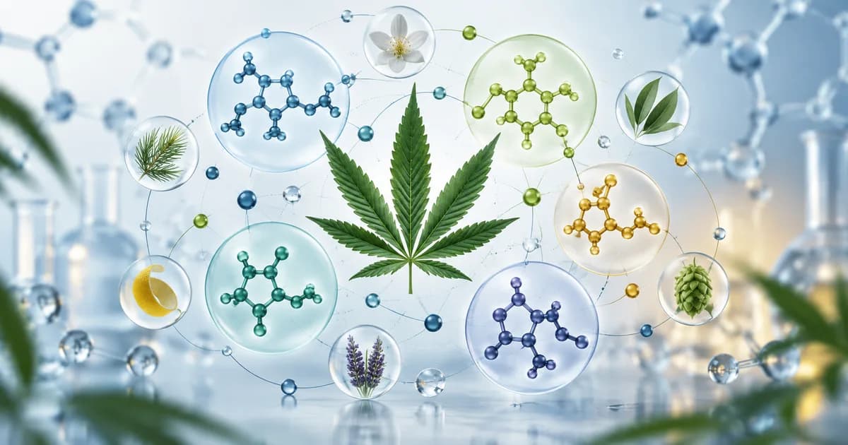 Illustration éditoriale des cannabinoïdes et composés botaniques du cannabis