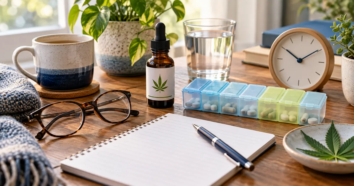 Glasses, pill organizer and journal for a careful medication review