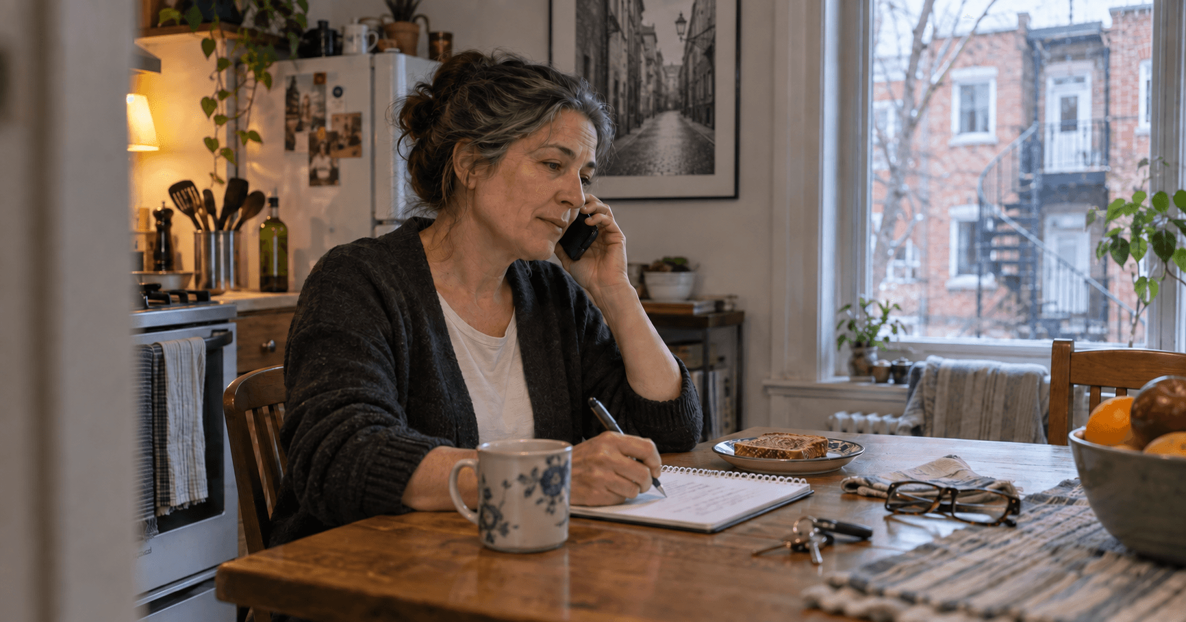 A woman prepares questions in a notebook during a phone call at home