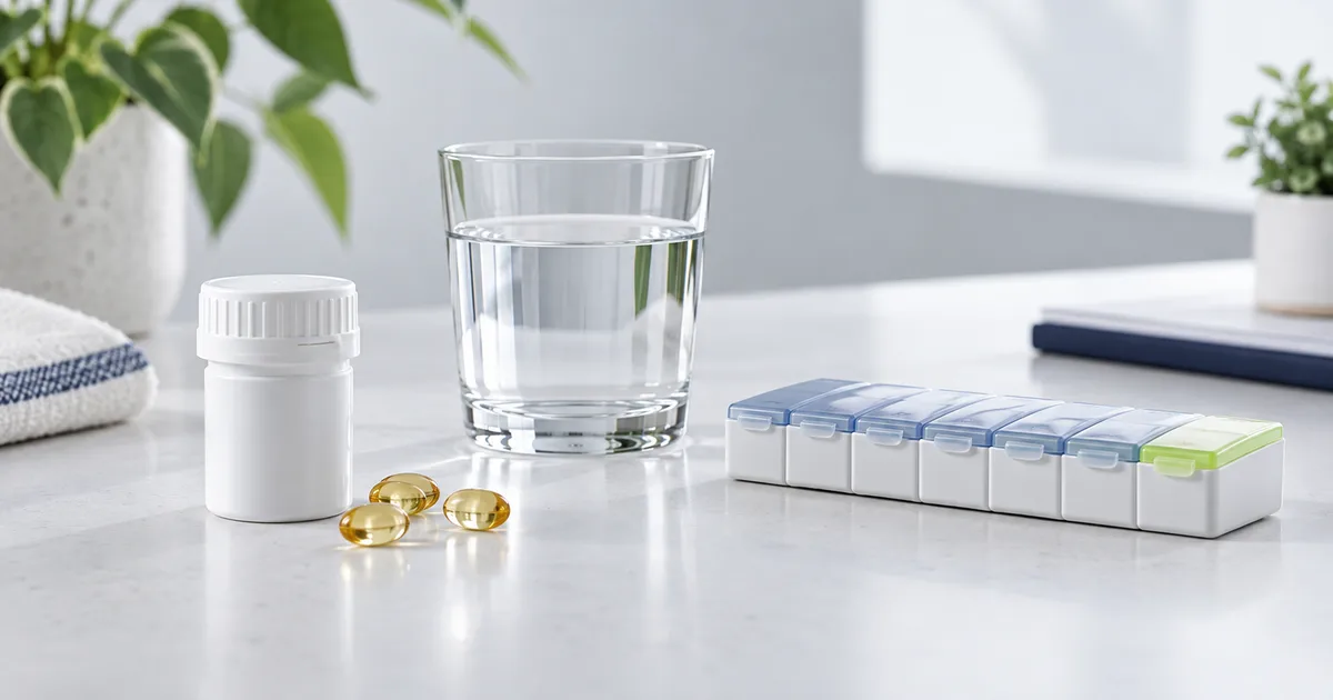 Capsules, contenant à l'épreuve des enfants, pilulier et verre d'eau dans un contexte clinique