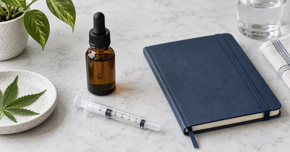 Amber bottle, graduated oral syringe and tracking journal for medical cannabis oil