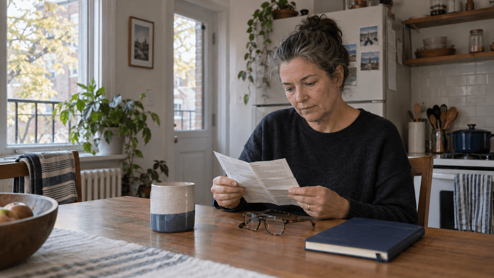 A woman carefully reads a document at her kitchen table