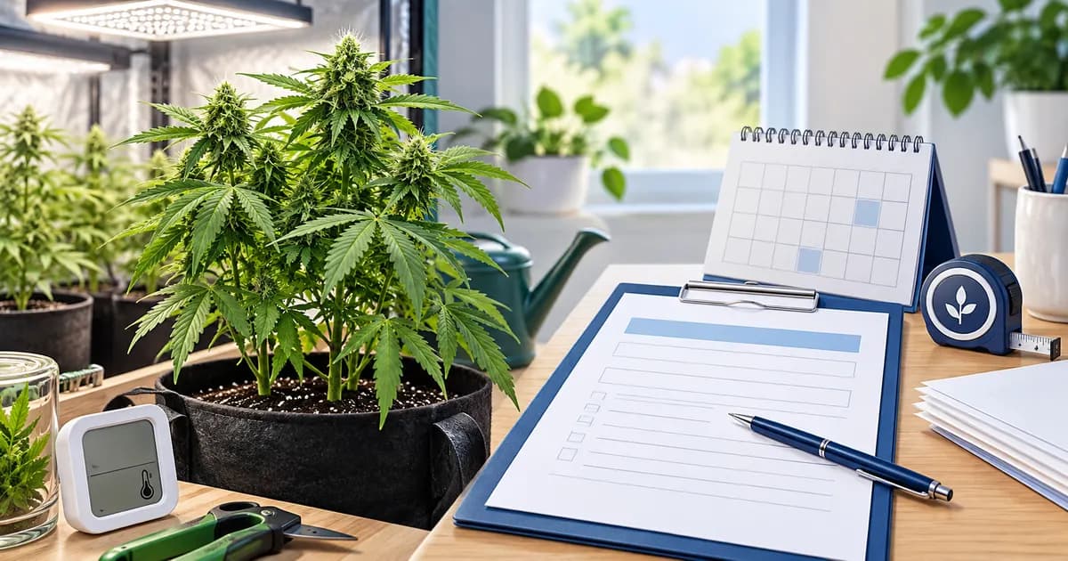 Home-grown cannabis plant with application form and calendar