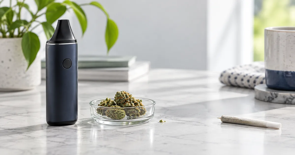 Vaporisateur de fleurs séchées, cannabis dans une coupelle et papier roulé éteint pour comparer les voies inhalées